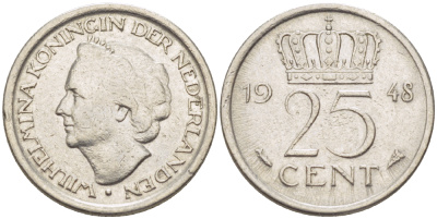 НИДЕРЛАНДЫ 25 ЦЕНТОВ 1948 ВИЛЬГЕЛЬМИНА (1890-1948) KM 177 никель 4181-1238
