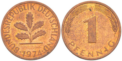 ФРГ 1 ПФЕННИГ 1974 J KM 105, J.380 сталь плакированная медью 66-638