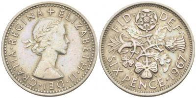 Великобритания 6 пенсов 1967 Елизавета II (1952-2022) KM 903, Spink 4149 медно-никель 3718-262