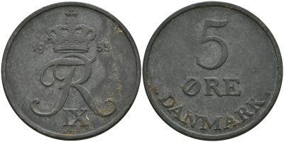 Дания 5 эре 1953 N; S, Фредерик IX KM 843.1 цинк 08-434
