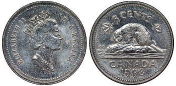 Канада 5 центов 1998 бобр, Елизавета II (1952-) KM 182 медно-никель 4128-557