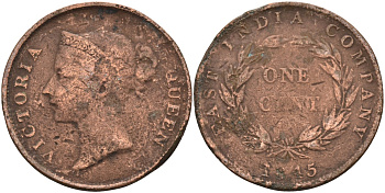 Стрейтс-Сетлментс 1 цент 1845 Виктория (1837-1901), Ост-Индская компания KM 3 медь 4590-221