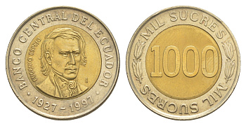 Эквадор 1000 сукре 1997 70 лет Центробанку KM 103 биметалл UNC 4641-737