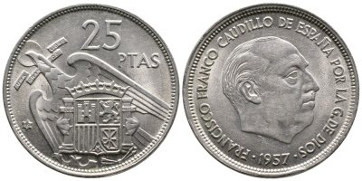 ИСПАНИЯ 25 ПЕСЕТ 1957 (69) ФРАНСИСКО ФРАНКО ДИКТАТОР ИСПАНИИ (1939-1975) KM 787 медно-никель 4110-1541