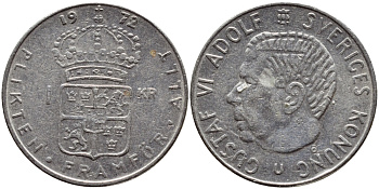 Швеция 1 крона 1972 Густав VI Адольф (1950-1973) KM 826a медь плакированная медно-никелем 4395-114