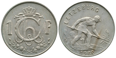 Люксембург 1 франк 1962 сталевар KM 46.2 медно-никель 4383-332