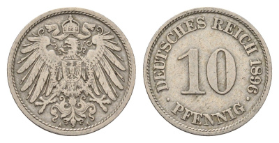 Германия 10 пфеннигов 1896 A, Вильгельм II (1888-1918) KM 12, J. 13 медно-никель 4636-1147