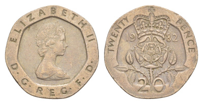 Великобритания 20 пенсов 1982 Елизавета II (1952-2022) KM 931, Spink 4230 (G1) медно-никель 4639-828