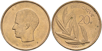 Бельгия 20 франков 1980 Belgique, Бодуэн I (1951-1993) KM 159 никель бронза UNC 4561-221