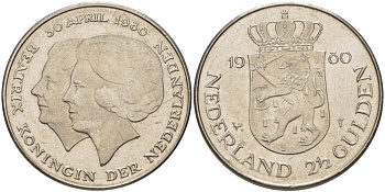 Нидерланды 2 1/2 гульдена 1980 коронация Беатрикс, 30 апреля 1980 KM 201 никель 38-132