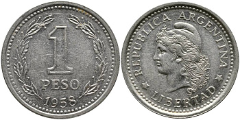 Аргентина 1 песо 1958 голова свободы влево KM 57 сталь плакированная никелем 4525-915