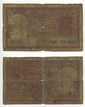 ИНДИЯ 2 РУПИИ 1985-90 ТИГР, ПОДПИСЬ 85, БУКВА В Pick 53Ad бумага 7218-58-3