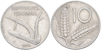 Италия 10 лир 1954 R, плуг, колосья KM 93 алюминий 4538-437
