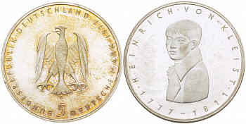 ФРГ 5 МАРОК 1977 G, 200 ЛЕТ СО ДНЯ РОЖДЕНИЯ ГЕНРИХА фон КЛЕЙСТА KM 146, J. 421 серебро UNC 3996-413