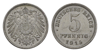 Германия 5 пфеннигов 1915 A, Вильгельм II (1888-1918) KM 19, J. 297 железо плакированное цинком 4644-1112
