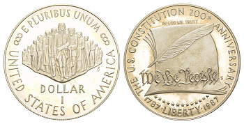 США 1 доллар 1987 S, 200 лет конституции США, в оригинальной коробке KM 220 серебро  PROOF  8-2-04-20