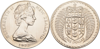 Новая Зеландия 1 доллар 1973 герб Новой Зеландии, Елизавета II (1952-2022) KM 38.2 медно-никель UNC 4552-1122