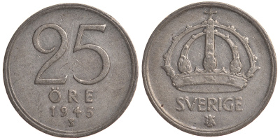 Швеция 25 эре 1945 TS, Густав V (1907-1950) KM 816 серебро 4179-858