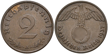 Германия 2 рейхспфеннига 1937 A KM 90, J. 362 бронза 4147-1254