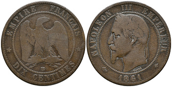 ФРАНЦИЯ 10 САНТИМОВ 1861 ВВ, НАПОЛЕОН III (1852-1870) KM 798.2, LA FRANC 134.3 бронза 32-1022