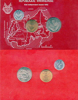 Руанда набор монетного двора из 3 монет (1, 5 и 10 франков) 1974-1977 в оригинальной упаковке KM 12, 13 и 14.1 UNC 8-1-03-03