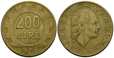 Италия 200 лир 1978 R, шестерня KM 105 алюминиевая бронза 4138-626