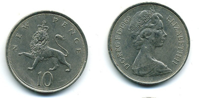Великобритания 10 пенсов 1969 Елизавета II (1952-2022) KM 912, Spink 4231 (F1) медно-никель  4110-1145