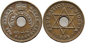 Нигерия 1/2 пенни 1959 Елизавета II (1952-), Британский протекторат KM 1 бронза 4387-148