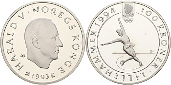 Норвегия 100 крон 1993 зимние Олимпийские игры 1994 года в Лиллехаммере, фигурное катание KM 449 серебро  PROOF  01-234-51