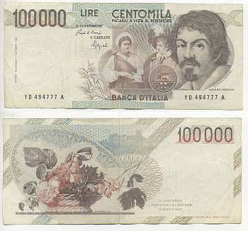 Италия 100000 лир 1983 Караваджо, фруктовый букет, подпись Speziali Pick 110b бумага 7220-14-1