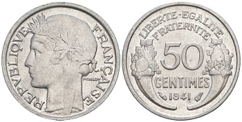 ФРАНЦИЯ 50 САНТИМОВ 1941 ТИП MORLON LOURDE KM 894.1a, LE FRANC 193.2 алюминий 44-226