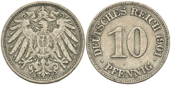 ГЕРМАНИЯ 10 ПФЕННИГОВ 1901 E KM 12, J. 13 медно-никель 4401-1225
