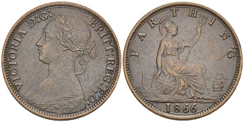Великобритания 1 фартинг 1866 Виктория (1837-1901) KM 747.2, Spink 3958 бронза 441-1332