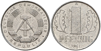 ГДР 1 пфенниг 1961 A KM 8.1 алюминий 39-1119