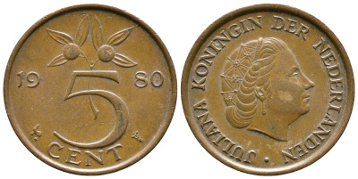 Нидерланды 5 центов 1980 Юлиана (1948-1980) KM 181 бронза 3999-951