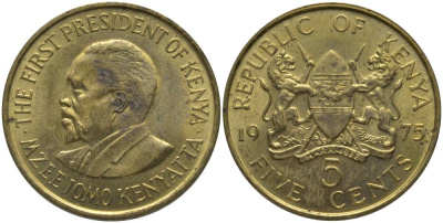 Кения 5 центов 1975 Джомо Кениата KM 10 никель латунь UNC 181-533