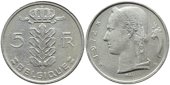 Бельгия 5 франков 1972 Belgique, Бодуэн I (1951-1993) KM 134.1 медно-никель 4606-1144