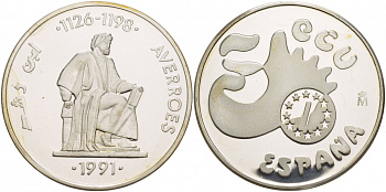 Испания 5 экю 1991 Аверроэс (Ибн Рушд) западно-арабский философ (1126-1198) серебро PROOF 1066-9-21