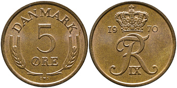 ДАНИЯ 5 ЭРЕ 1970 C; S, ФРЕДЕРИК IX (1947-1972) KM 848.1 бронза 28-1055