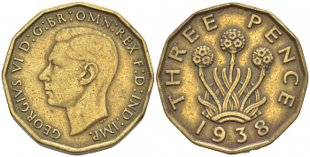 Великобритания 3 пенса 1938 Георг VI (1936-1952) KM 849, Spink 4112 никель латунь 212-1254