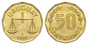 Уругвай 50 сентесимо 1981 KM 68 алюминиевая бронза UNC 4637-1216