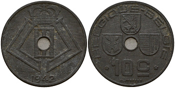Бельгия 10 сантимов 1942 Belgique - Belgie, Леопольд III (1934-1947), германская оккупация, Вторая мировая война KM 125 цинк 4161-316