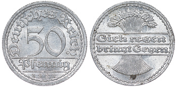 Германия 50 пфеннигов 1921 A KM 27, J. 301 алюминий aUNC 4114-555