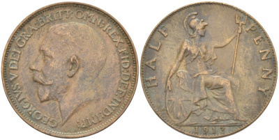 Великобритания 1/2 пенни 1913 Георг V (1910-1936) KM 809, Spink 4056 бронза 4523-341