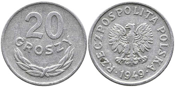 Польша 20 грошей 1949 KM 43а, Parchimowicz 207b алюминий 105-967