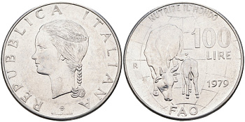 Италия 100 лир 1979 R, FAO, корова с теленком KM 106 нержавеющая сталь 4587-815