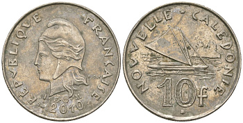Французская Новая Каледония 10 франков 2010 рыбачья парусная лодка, (IEOM) KM 11a, Schoen 13a, Lec 99k медно-никель 3459-227
