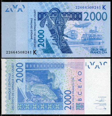 Валютный Союз Стран Западной Африки, Сенегал 2000 франков 2003 гиря, поезд, самолет, аэропорт, автобус, груперы Pick 716Ka  бумага  UNC (пресс) 448-179-3