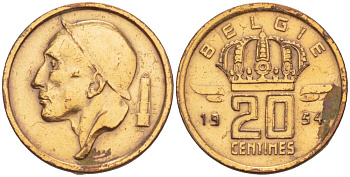 БЕЛЬГИЯ 20 САНТИМОВ 1954 BELGIE KM 147.1 бронза 4528-914