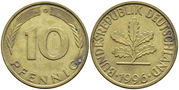 ФРГ 10 ПФЕННИГОВ 1996 G KM 108, J.383 сталь плакированная латунью 4393-143